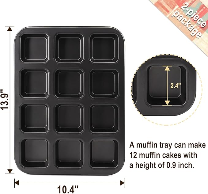 DRAONGYE 2 Packs Square Muffin Baking Pan, Premium Steel Muffin Pan for Baking, Nonstick Cupcake Tin Cheesecake Pans, Bakeware Muffin Top Pan (12 Cups, Black Grey)
