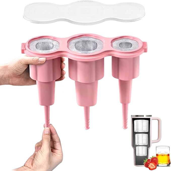 Longzon Easiest Release Ice Cube Tray for Stanley Cup 30-40oz Tumbler/Yeti Cup Ice Mold, Silicone Ice Tray Molds With Lid for Chilling Cocktails, Whiskey, Drinks, Coffee, Easy Release Ice Maker- Pink
