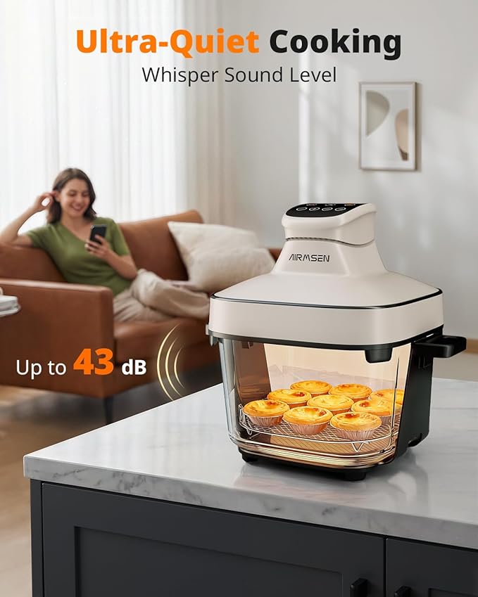 AIRMSEN 6.3 QT Glass Air Fryer Non-Toxic, 4 Presets & Manual Control, 105–400℉ Precise Heat, 95% Less Oil, Auto-Pause & Resume, Microwave & Dishwasher Safe Glass Container for Family Meals