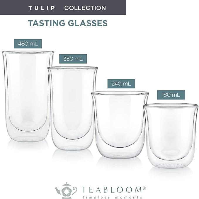 Teabloom Tulip Insulated Glasses for Tea, Coffee and other Beverages - Double Walled Borosilicate Glass Keeps Drinks Hot/Cold, 12 oz (Set of Two)