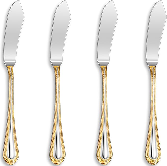 KEAWELL Premium Pearl Edge Butter Knives, 4-Piece Set, 18/10 Stainless Steel, 6.9 Inches, Dishwasher Safe. (Gold Accent)