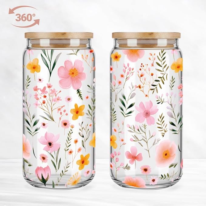 Wildflower Glass Coffee Cups with Lids and Straws Gifts for Women,Frriend,Sister,16oz Cute Wildflower Iced Coffee Drinking Glass Gifts for Birthday Christmas Bridesmaid Party Bridal Shower