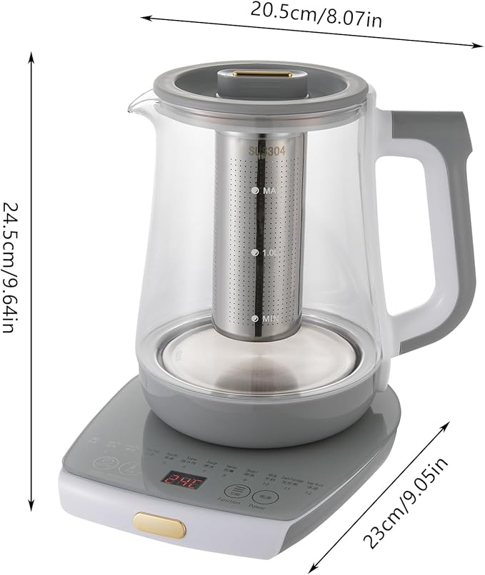 Bepritm 1.8L Multifunctional Electric Glass Kettle & Health Pot – 100-800W Hot Tea Maker, Auto Boiling Water Kettle with Filter, for Coffee, Herbal Decoction & Soup (110V) (Grey&White)