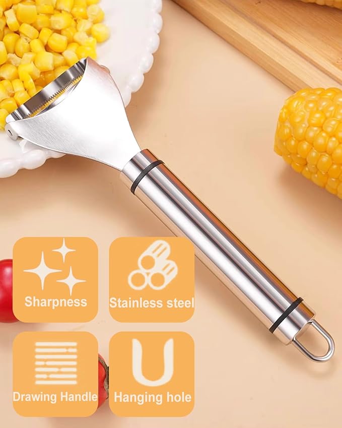 2PCS Corn Peeler Set – Stainless Steel Corn Stripper Tool with Peeler & Fork – Quickly Remove Kernels from Corn on the Cob – Dishwasher Safe, Easy Grip Handle, for Home & BBQ