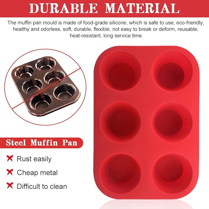 2PCS Silicone Muffin and Cupcake Pan - 6 Cup Non-Stick Mini Baking Molds, Reusable Tin for Brownies, 2 Trays Overlapped (Red, 9.45x6.5x1.57 Inch)