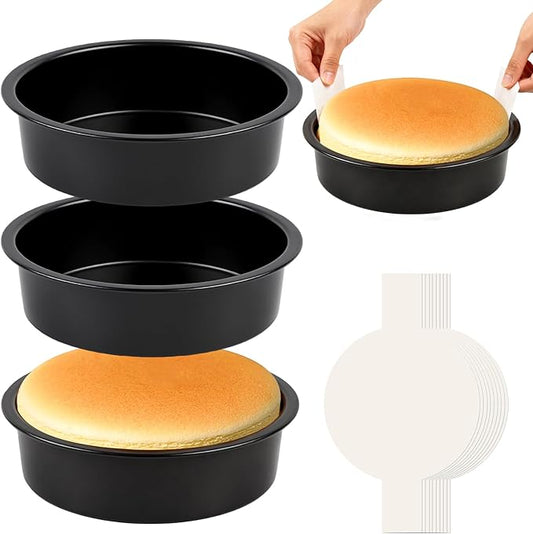 tutikuki 8 Inch Round Cake Pan Set of 3 - Nonstick Carbon Steel Cake Baking Pans with 100 PCS Parchment Paper, Dishwasher Safe, Durable for Layer Cakes, Birthday & Christmas Baking