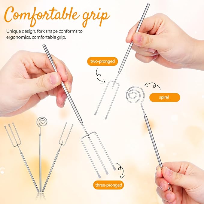 Cabilock 3pcs Stainless Steel Fondue Forks Set, 3-Prong Chocolate Dipping Tools for Hot Pot, Barbecue Fruit Forks with Ergonomic Handles for Cheese Fondue Dessert Serving