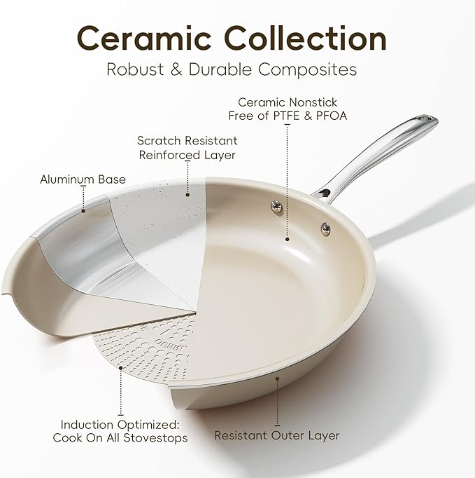 OUBRL Nonstick Frying Pan Skillet, Ceramic Non-Stick Saute Pans, Cooking Fry Pan, All Stovetops (Gas, Electric & Induction), Dishwasher/Oven Safe, PFAS-Free Cookware(Cream White, 11 Inch)