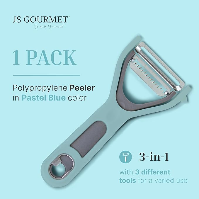 3 in 1 Vegetable Peeler – Julienne Slicer with Bottle Opener and Built-in Eye Remover – Stainless Steel Blade with Comfortable Handle – Potato, Cabbage, and Carrot Peeler for Kitchen – Pastel Blue
