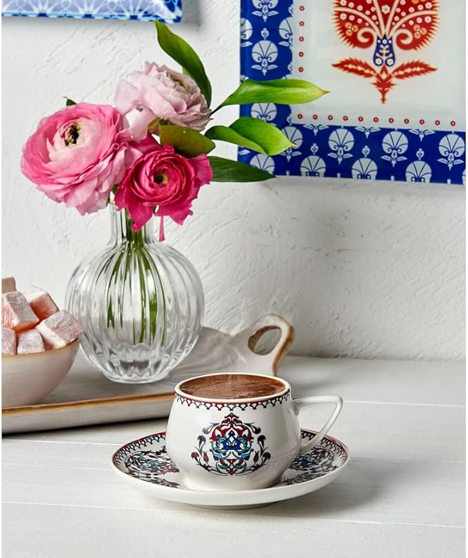 KARACA Nakkas Turkish Coffee Cup Set of 6, (12 Piece) White Cups with Saucers - 3.3 fl oz Small Porcelain Espresso Set - Ideal for Serving Greek, Arabic Coffee