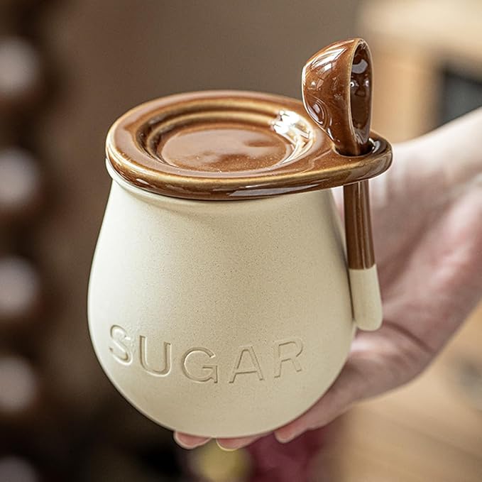 Ceramic Sugar Bowl with Lid and Spoon, 16 Oz Sugar Container for Coffee Bar Decor, Farmhouse Sugar Jar Sugar Dispenser, Vintage Kitchen Decor and Accessories (1 Pack)