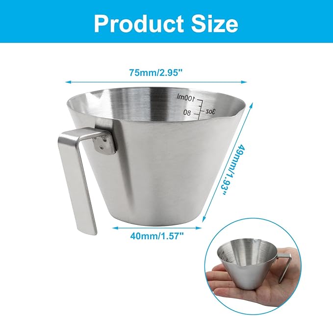 Piutouyar 100 ml / 3.4 oz Stainless Steel Espresso Cups, Double Spout Espresso Measuring Cup with Handle, Dual Scale Metal Espresso Shot Cup Pouring Cup