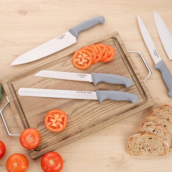 Restaurantware 12 Inch Slicing Knife Stainless Steel Ergonomic Handle Non-Slip Grip Durable Kitchen Knife, Dishwasher-Friendly for Home Cooking and Commercial Use, Gray