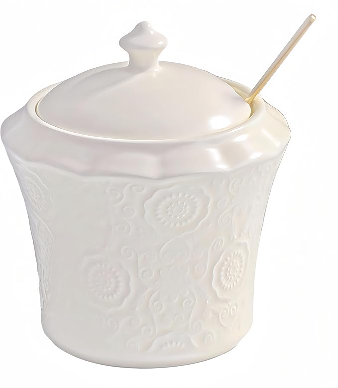 13.5oz Sugar Bowl with Lid and Spoon Ceramic Sugar Creamer Container, Sugar Jar, Durable Sugar Pot for Coffee Bar Accessories, Coffee Bar Decor