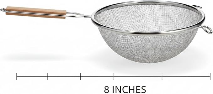 Strainer 8-Inch Diameter Medium Stainless Steel Fine Mesh Single Mesh Tan Handle Silver Sieve Kitchen Cooking Food Filter Handheld Multipurpose Strainer