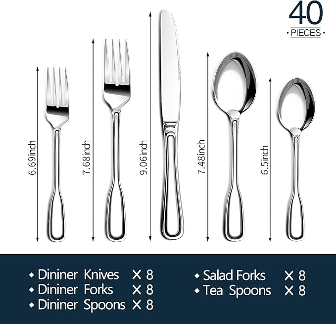 Silverware Set for 8, Heavy Duty Stainless Steel Cutlery Set with Wide Handles, Mirror Polished Utensils Spoons and Forks Set for Kitchen，Dishwasher Safe (Silver, 40 Pieces for 8)