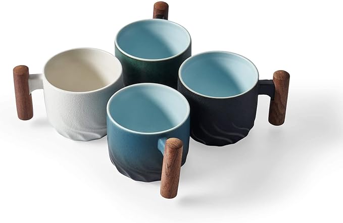 Ceramic Espresso Cups with Wooden Handle Espresso Shot Cups Ceramic Tea Cups Porcelain Demitasse Cups for Coffee or Tea, 2oz (black, 2)