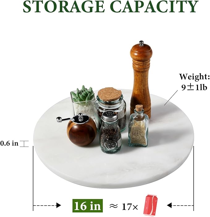 Koville 16'' White Marble Lazy Susan for Kitchen Counter, Marble Turntable for Dinning, Lazy Susans Organizer for Cabinet, Serving Rotation Spinning Tabletop Organizer Swiveling, Spice Rack Storage