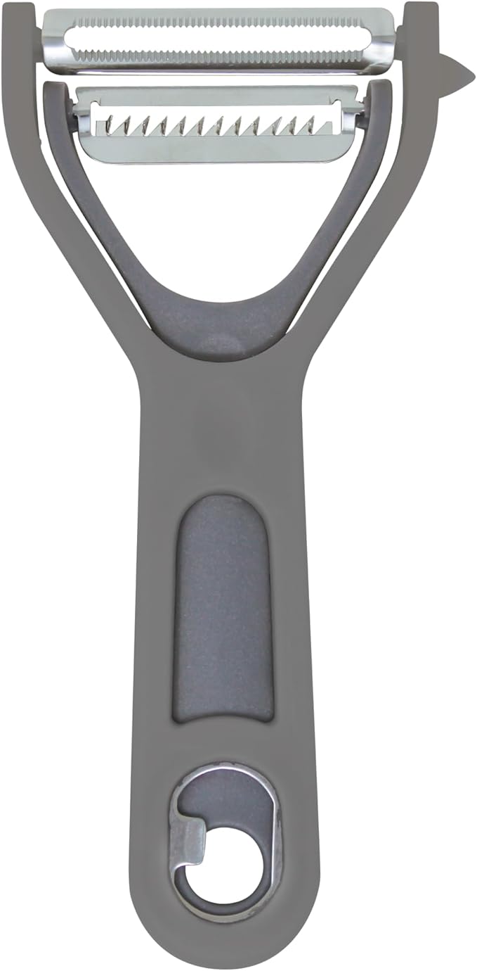 3 in 1 Vegetable Peeler – Julienne Slicer with Bottle Opener and Built-in Eye Remover – Stainless Steel Blade with Comfortable Handle – Potato, Cabbage, and Carrot Peeler for Kitchen – Grey