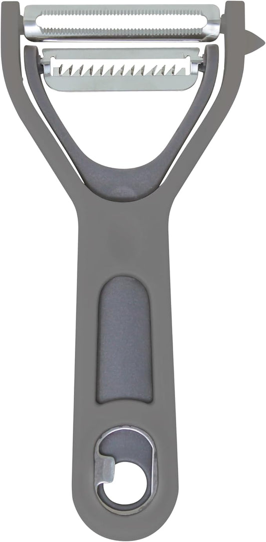 3 in 1 Vegetable Peeler – Julienne Slicer with Bottle Opener and Built-in Eye Remover – Stainless Steel Blade with Comfortable Handle – Potato, Cabbage, and Carrot Peeler for Kitchen – Grey