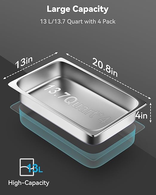 ZeroPone 4 Pack Hotel Pans with Lids, 1/1 Full Size 4" Deep Steam Table Pan, 19 Gauge Thickened Stainless Steel Anti Jam Steam Pan, Commercial Food Storage Containers