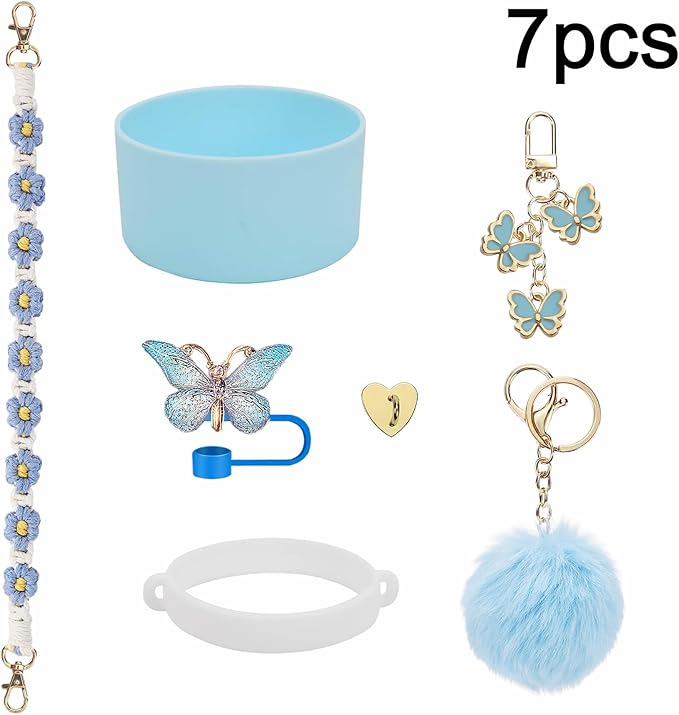 Accessories Set Including Water Bottle Handle Strap, Silicone Boot, Resin Butterfly Straw Cover, Straw Topper, Lip Balm Sleeve, Butterfly & Hairball Charms for Stanley Cup Tumbler