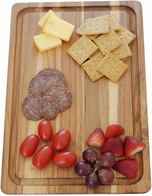 EcoDecors, Teak Cutting Board 14"x10", Reversible Teak Wood Edge Grain Carving Board with Juice Groove, FSC Certified Compact Wooden Cutting Board for Kitchen, Meal Prep & Serving