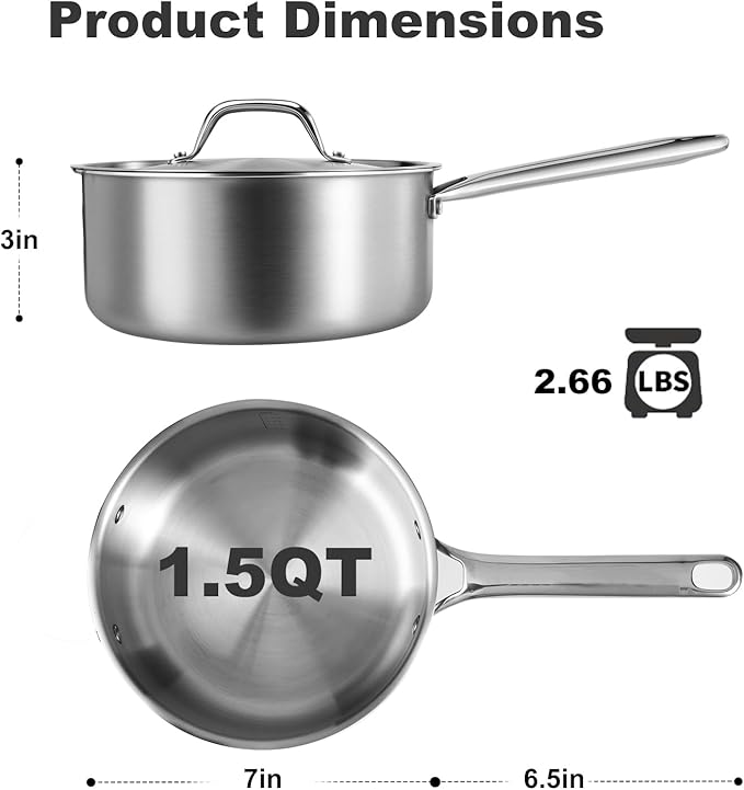 Rokasala 1.5 QT Saucepan with Lid,3-Ply Stainless Steel Saucepan,Professional Grade Cookware,Induction Compatible