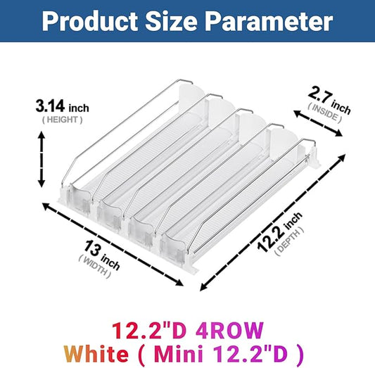 Drink Organizer for Mini Fridge,12oz 16oz 20oz - Soda Can Dispenser for Refrigerator,Width Adjustable,Automatic Pusher Glide (White (Mini 12.2"D), 12.2"D 4ROW, Holds 16 Cans)
