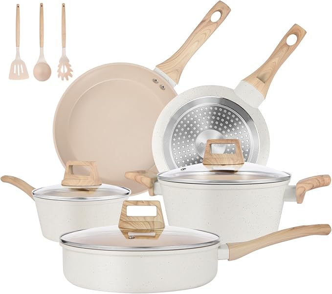 Pots and Pans Set Non Stick, Non-Toxic Ceramic Cookware Set, 11pcs Induction Cookware, Kitchen Cooking Set with Frying Pans, Saucepan, Stock Pot, PFOA Free & PFOS Free, Cream Color
