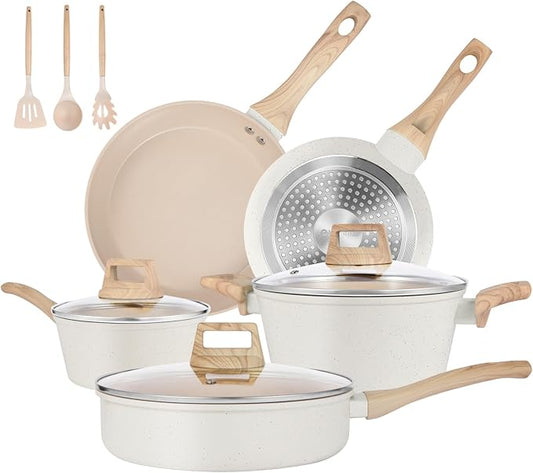 Pots and Pans Set Non Stick, Non-Toxic Ceramic Cookware Set, 11pcs Induction Cookware, Kitchen Cooking Set with Frying Pans, Saucepan, Stock Pot, PFOA Free & PFOS Free, Cream Color