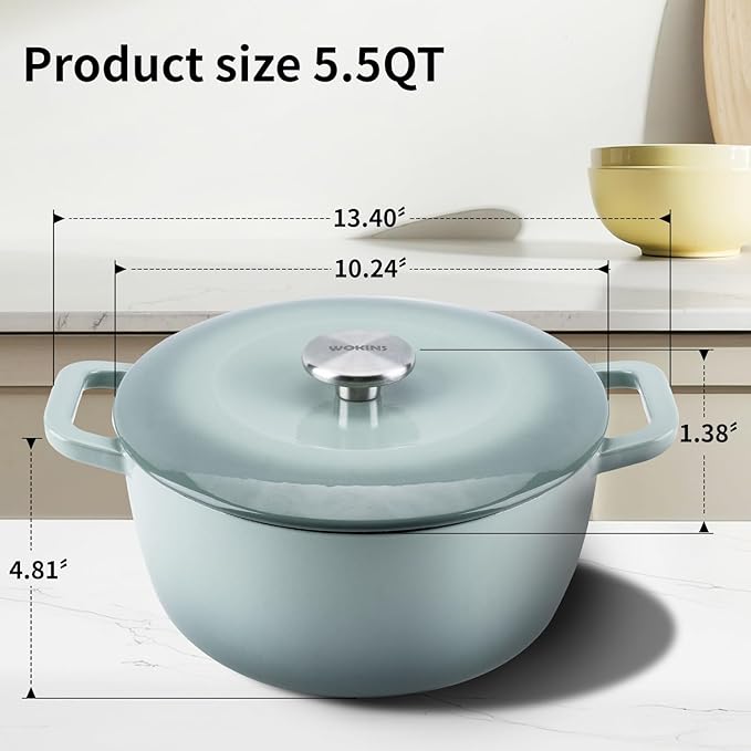 WOKINS Enamel Cast Iron Dutch Oven with Lid,Dual Handles,Heavy-Duty Cookware for Sourdough Bread Baking,Braising,Stews,Roasting,Oven Safe up to 500° F,5.5QT,green