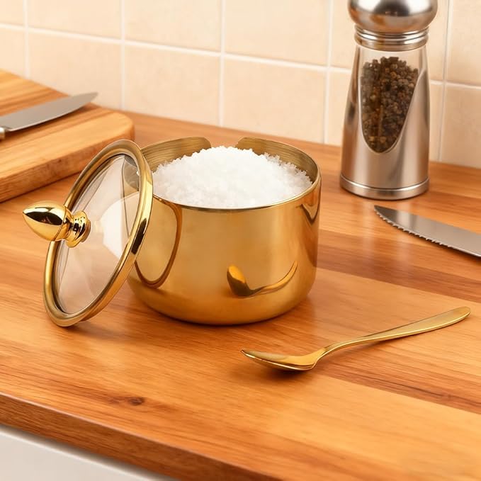 10oz Sugar Bowl with Lid and Spoon, Durable Sugar Pot for Coffee Bar Accessories, Stainless Steel Holder Jar for Salt, Tea, Candy, Home and Kitchen Storage(Gold)