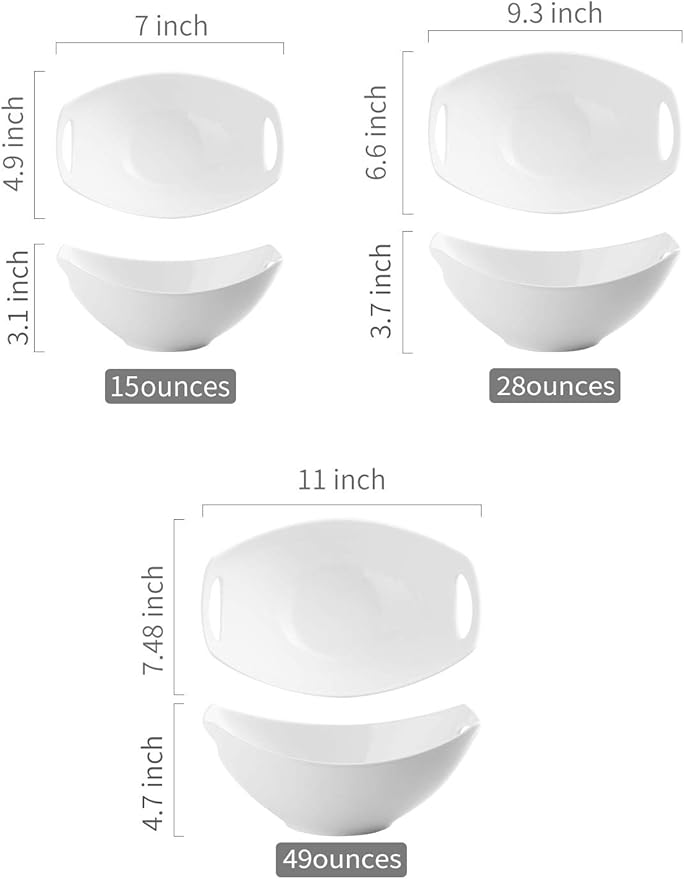 LAUCHUH Serving Bowls with Handles, Porcelain Serving Dishes White Nesting Bowls Mixing Bowl Set Salad Bowls for Entertaining, Party, Valentine's Day, Baby Shower, Set of 3, 15/28/49 oz