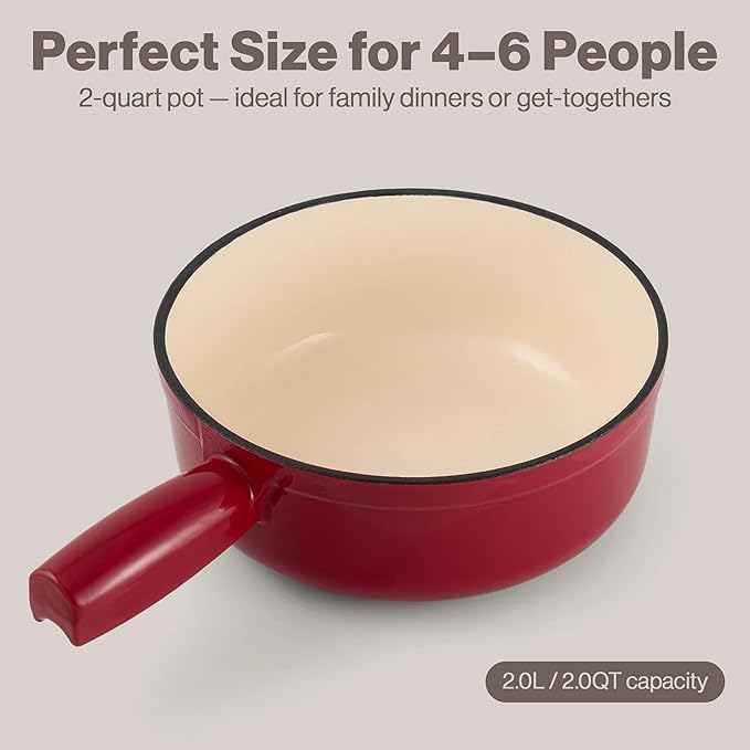 Swissmar Lugano Cast Iron Cheese Fondue Pot Replacement, 2 QT / 2 L - Compatible with Swissmar Lugano Fondue Sets - Ideal for Melting Cheese, Chocolate, & Caramel - Cherry Red