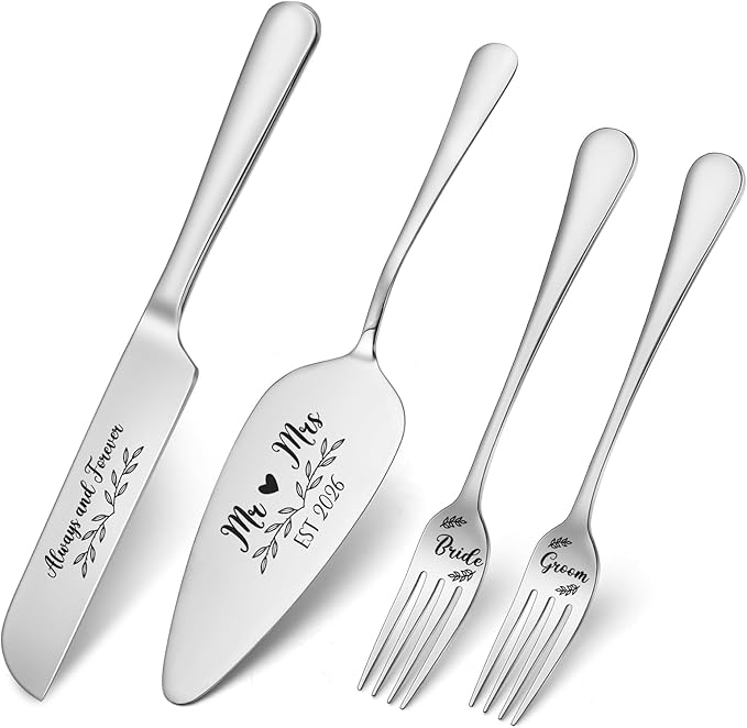 Wedding Cake Knife and Server Set, 4 Pack Stainless Steel Cake Cutting Knife, Slicer and Forks Server for Wedding, Anniversary, Birthday(Silvery)