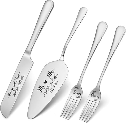 Wedding Cake Knife and Server Set, 4 Pack Stainless Steel Cake Cutting Knife, Slicer and Forks Server for Wedding, Anniversary, Birthday(Silvery)