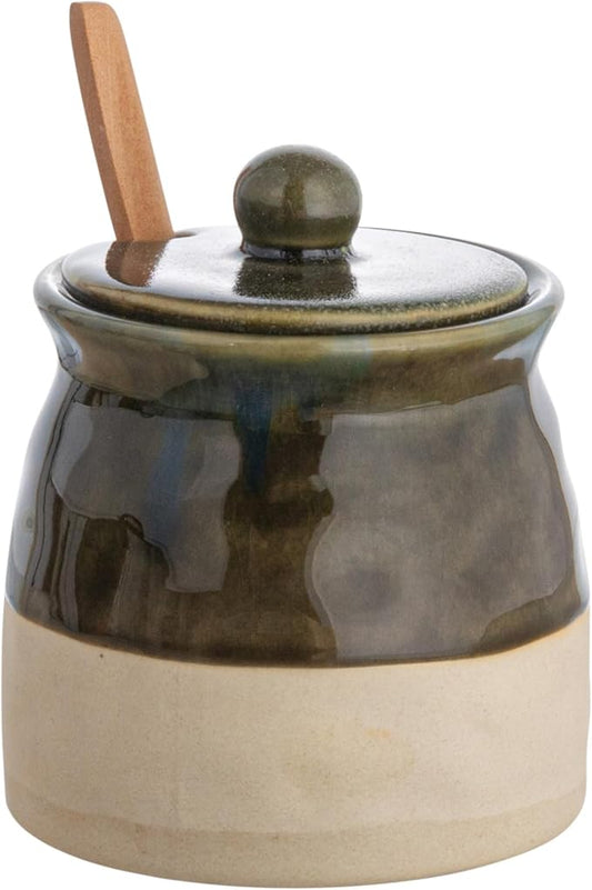 Creative Co-Op Stoneware Sugar Pot with Lid and Wood Spoon, Deep Green Glaze