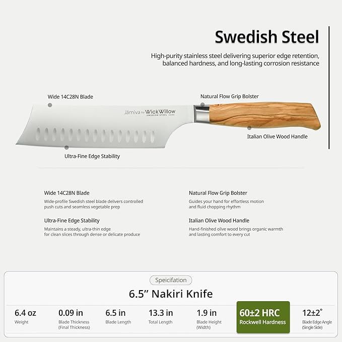 6.5 Inch Nakiri Knife – Swedish Steel Vegetable Blade with Italian Olive Wood Handle – Sharp Prep Tool for Chopping, Slicing and Daily Kitchen Use