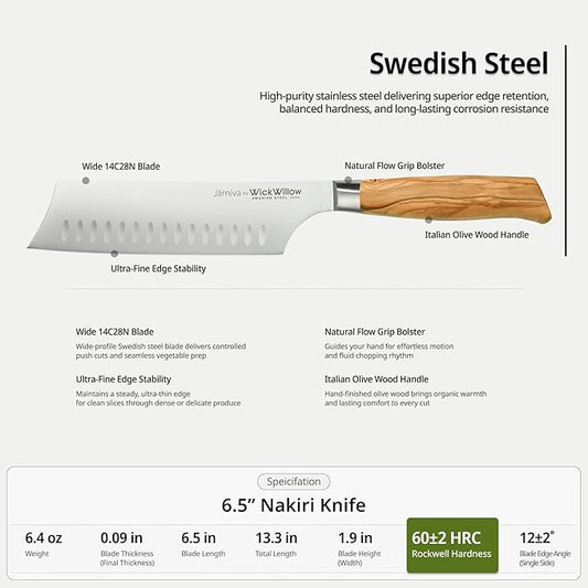 6.5 Inch Nakiri Knife – Swedish Steel Vegetable Blade with Italian Olive Wood Handle – Sharp Prep Tool for Chopping, Slicing and Daily Kitchen Use