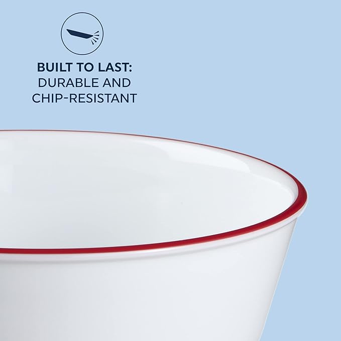Corelle Vitrelle Glass 6-PC Bowls Set, For Soup Cereal & Dessert, Chip-Resistant & Lightweight Bowl Dinnerware Set, Red Banded 28 OZ
