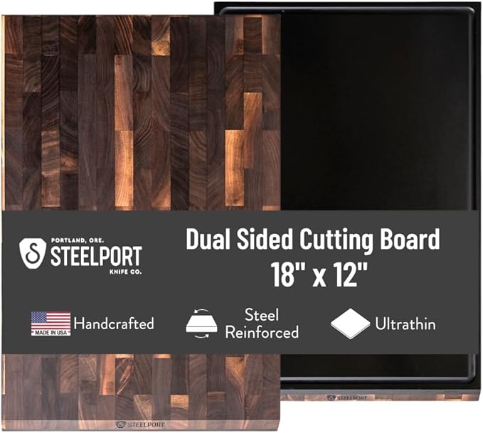 STEELPORT Cutting Board 18”x12” - Steel Reinforced, Ultra-thin | Dual Surface End-Grain Walnut Wood, Composite Side | Professional Butcher Block Chopping Board | Handcrafted in USA