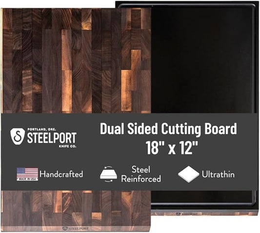 STEELPORT Cutting Board 18”x12” - Steel Reinforced, Ultra-thin | Dual Surface End-Grain Walnut Wood, Composite Side | Professional Butcher Block Chopping Board | Handcrafted in USA