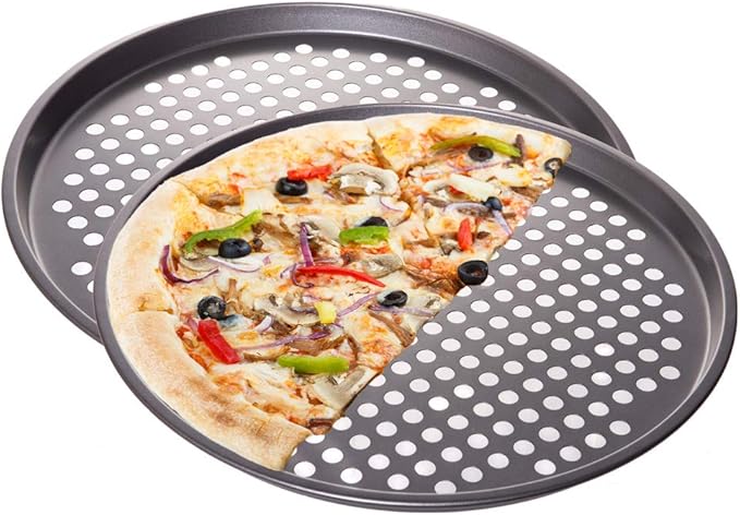 Red Co. 2 Pack 13 inch Round Non Stick Coated Carbon Steel Pizza Baking Pan Crisper with Holes