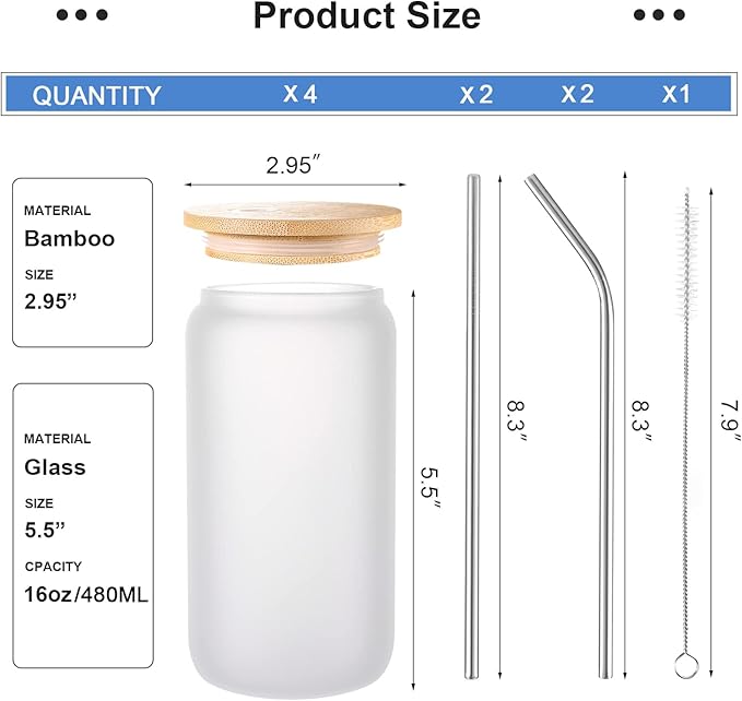 Sublimation Glass Blanks with Bamboo Lid 4pc Set, 16oz Frosted Glass Cups with Lids and Straws, Beer Can Glass Tumblers, Iced Coffee Soda Drinks Beer Cups