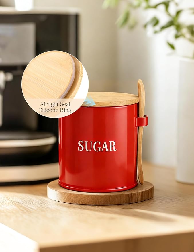 AISBUGUR Sugar Bowl with Lid and Spoon: 17oz Metal Sugar Container - Airtight Food Sugar Jar - Coffee Bar Accessories - Countertop Kitchen Decor (Red)