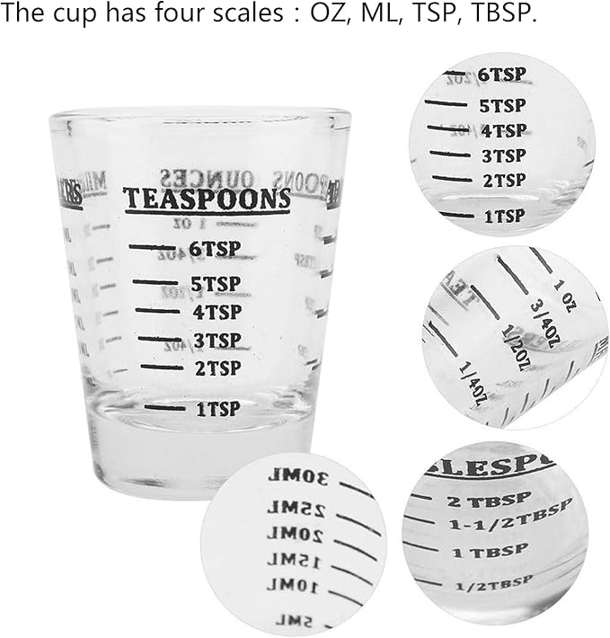 2 Pack Shot Glasses Measuring Cup 1 Ounce/30ml, Espresso Shot Glass Liquid Heavy Wine Glass with 4 Kind of Scale (Ounce/ML/TSP/TBSP) Kitchen Tool