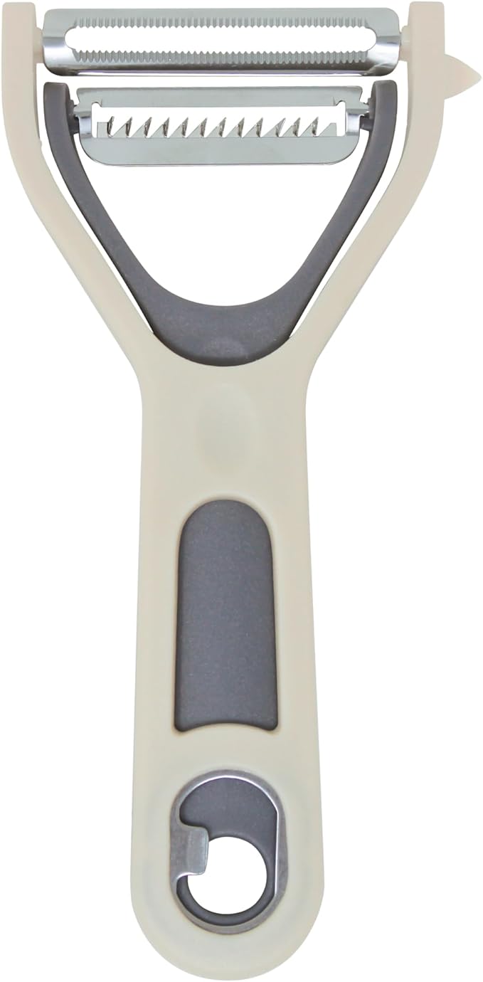 3 in 1 Vegetable Peeler – Julienne Slicer with Bottle Opener and Built-in Eye Remover – Stainless Steel Blade with Comfortable Handle – Potato, Cabbage, and Carrot Peeler for Kitchen – Cream & Grey