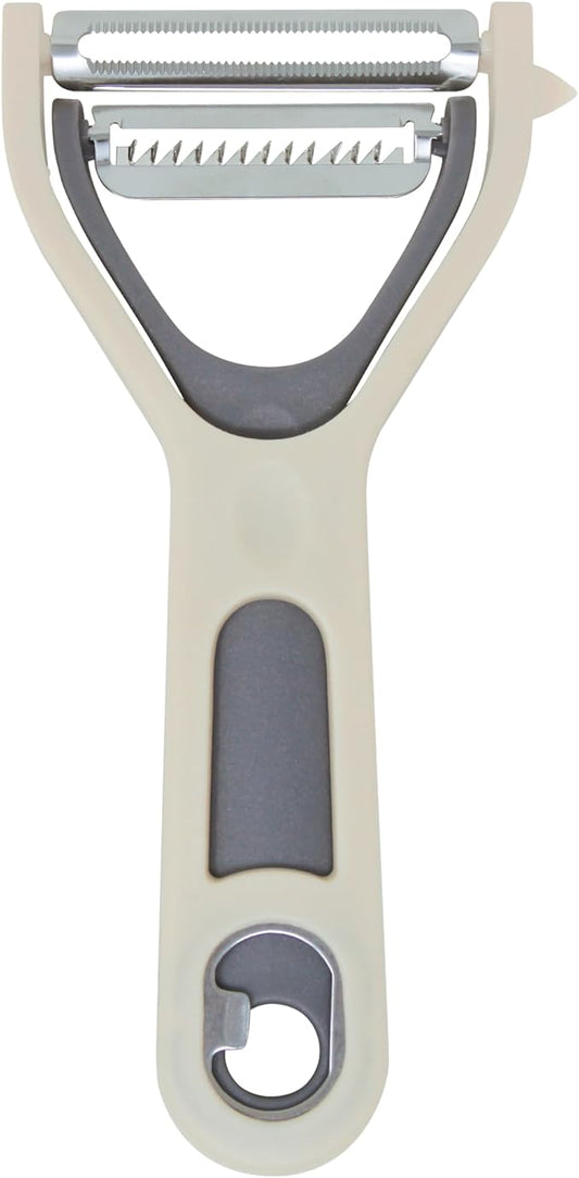 3 in 1 Vegetable Peeler – Julienne Slicer with Bottle Opener and Built-in Eye Remover – Stainless Steel Blade with Comfortable Handle – Potato, Cabbage, and Carrot Peeler for Kitchen – Cream & Grey