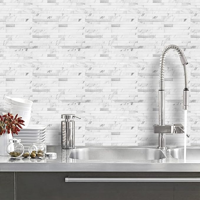 DICOFUN 20-Sheet Peel and Stick Backsplash Tile, Faux White Marble Look PVC Mixed Metal Stick on Backsplash Tiles for Kitchen, 18.8 sq.ft